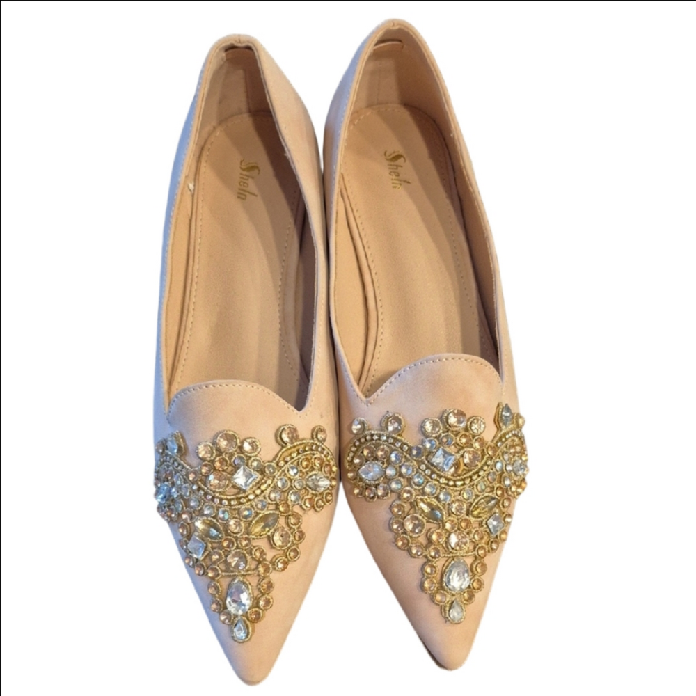 SHEIN Pale Pink Suede Embellished Loafers